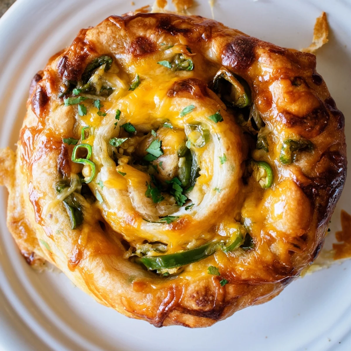 Golden baked easy jalapeno popper pinwheels arranged on a white serving platter with fresh cilantro garnish