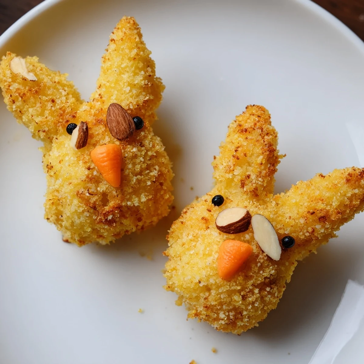 Crispy fried potato bunnies with peppercorn eyes and panko coating displayed on white plate for spring celebration