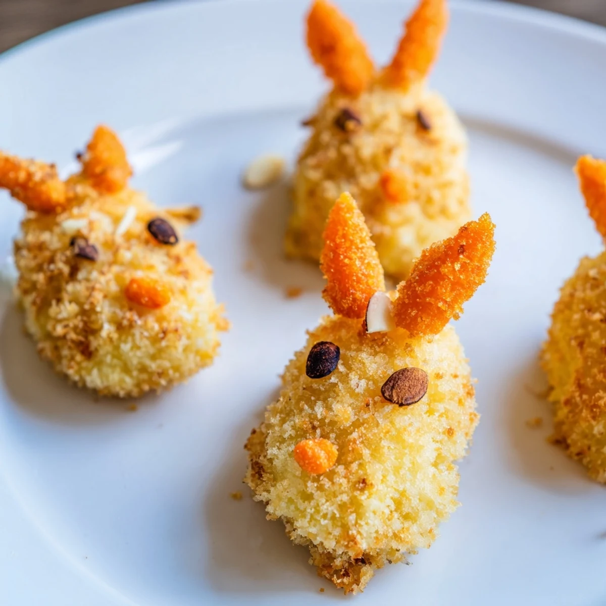 Adorable bunny-shaped mashed potato treats with Parmesan and nutmeg, garnished with almond ears and olive eyes