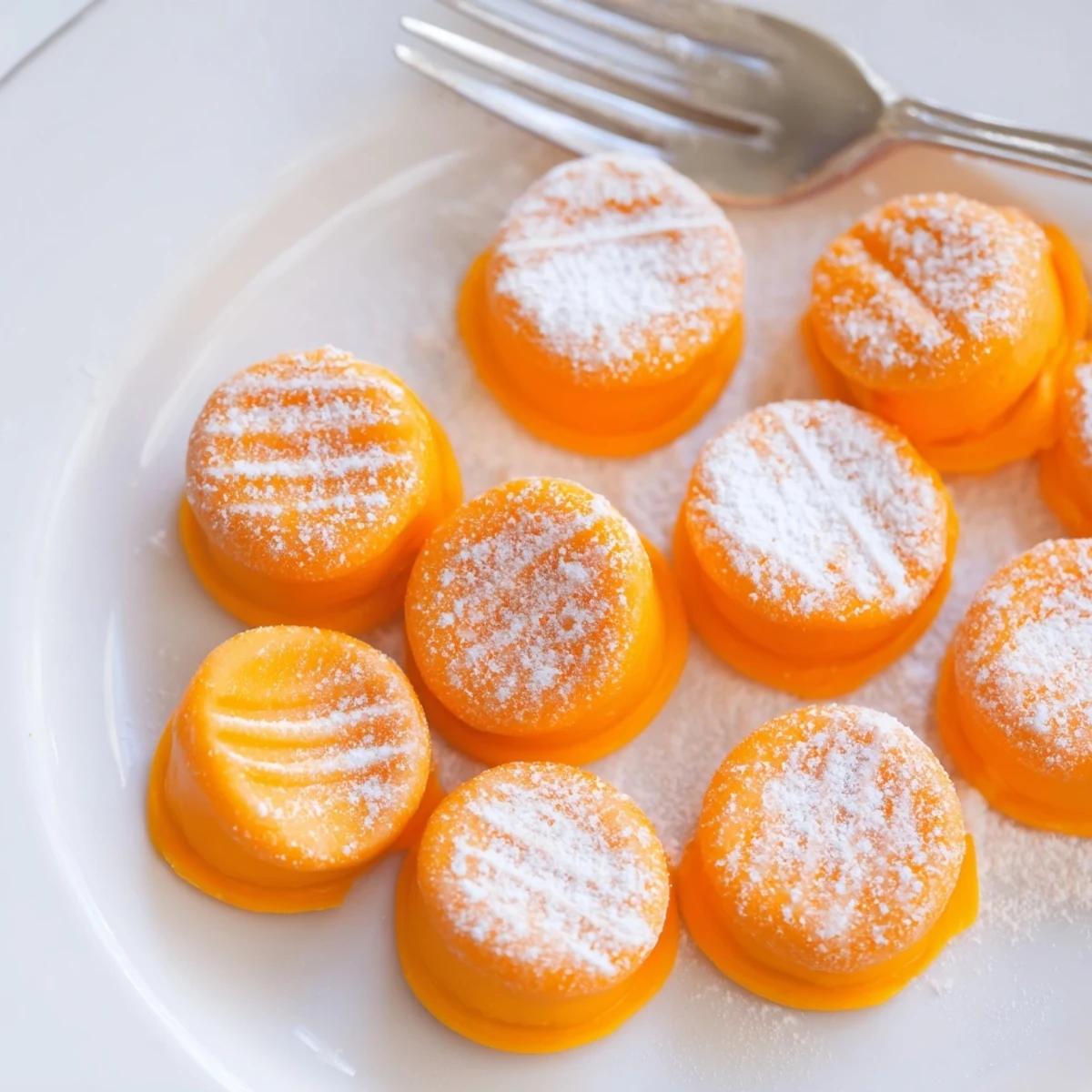 Vibrant orange cream cheese mints dusted with powdered sugar on parchment paper