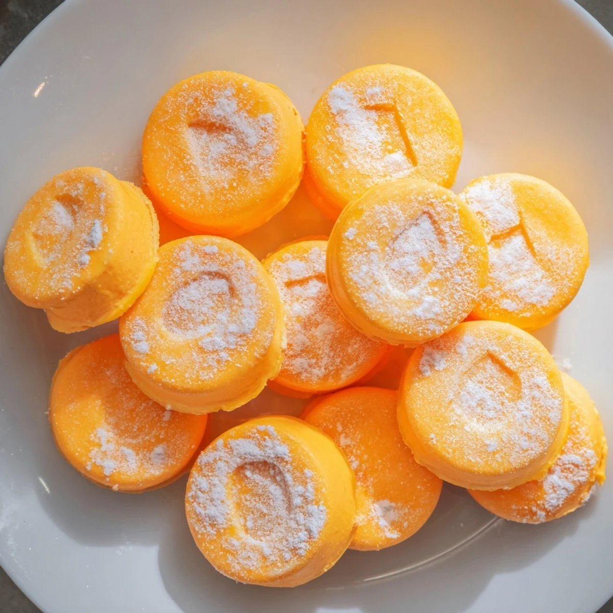 Small homemade orange cream cheese mints arranged on a white decorative serving plate