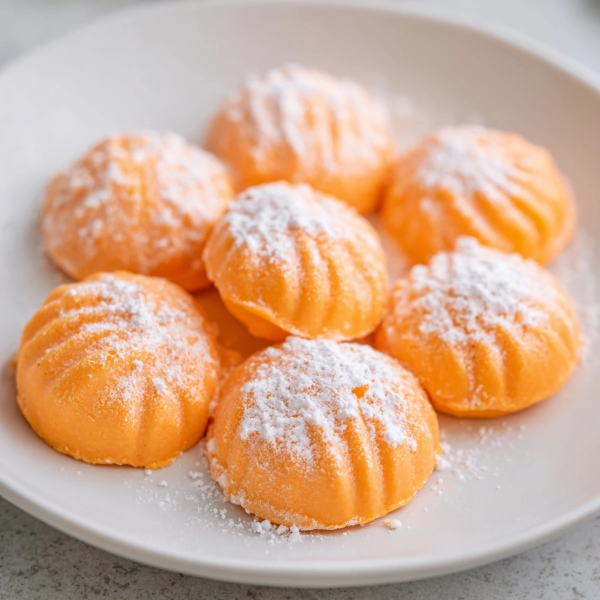 Freshly chilled orange cream cheese mints stacked for holiday party dessert display