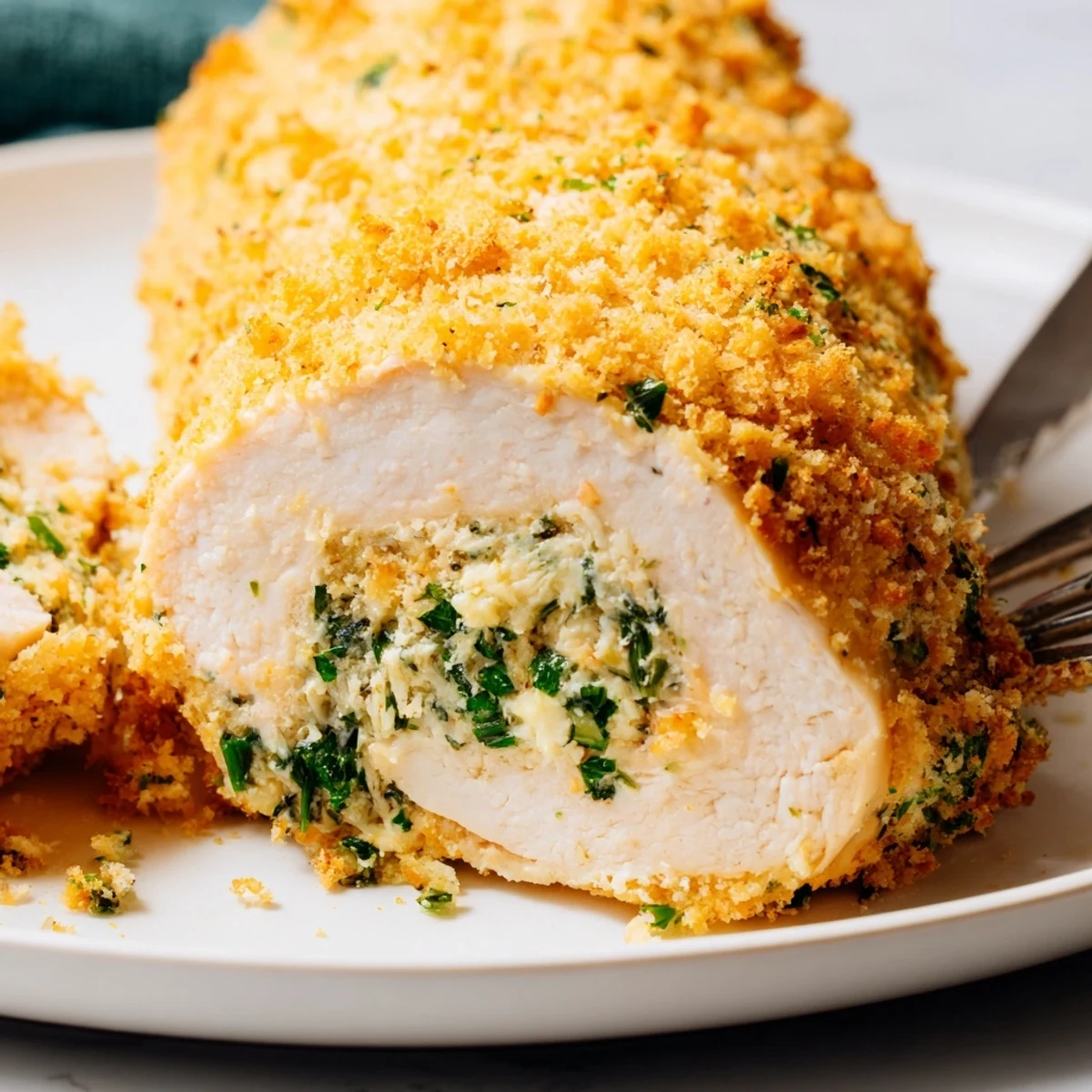 Golden brown herbed ricotta stuffed chicken rolls sprinkled with crispy breadcrumb topping on a white baking sheet