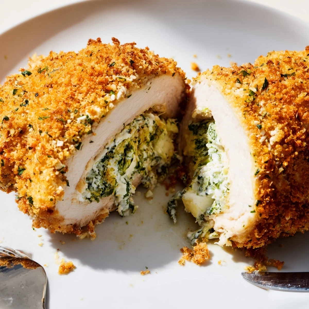 Sliced herbed ricotta stuffed chicken revealing the savory cheesy filling inside with golden Parmesan crust