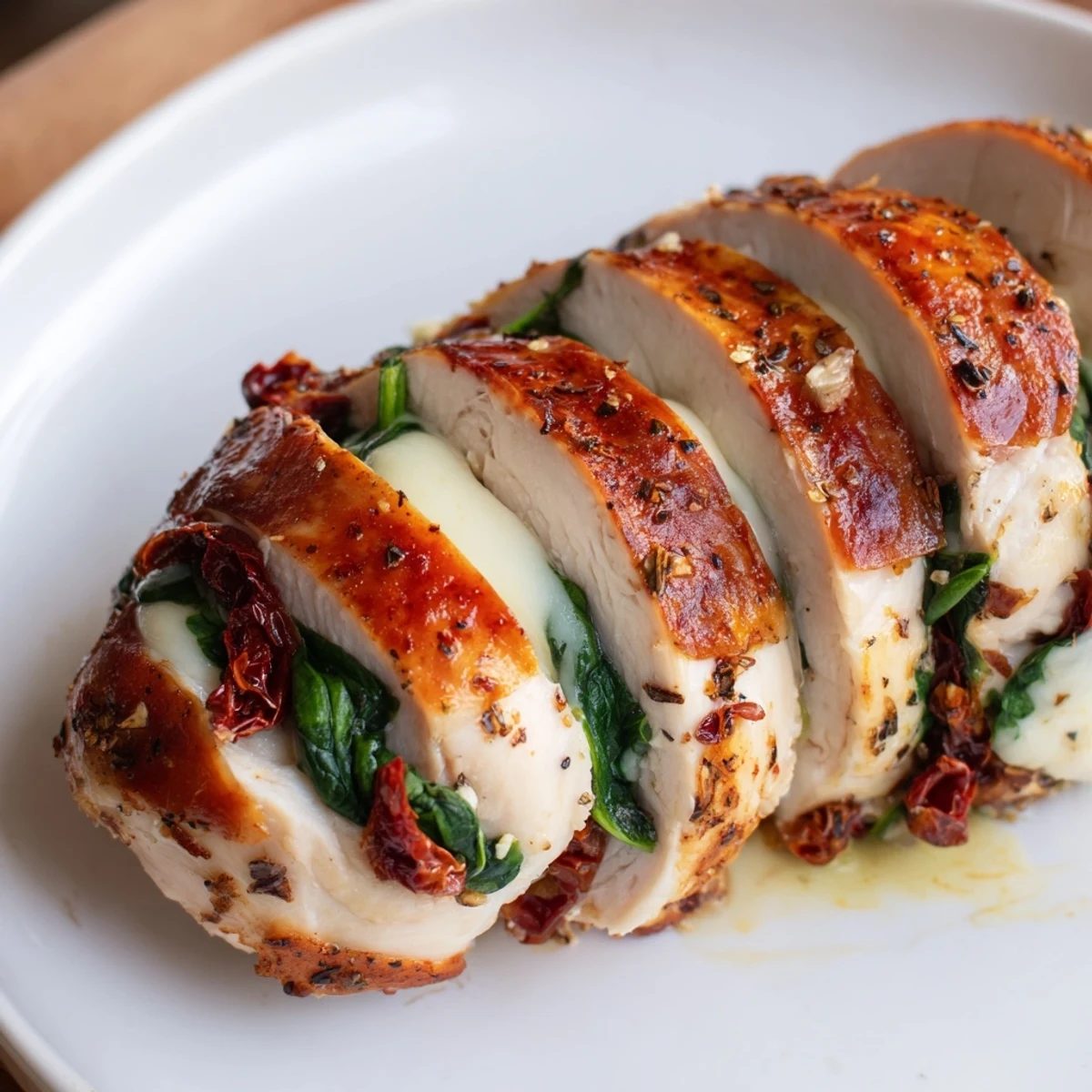 Golden brown Hasselback chicken breasts stuffed with melted mozzarella, spinach, and sun-dried tomatoes on a white baking dish