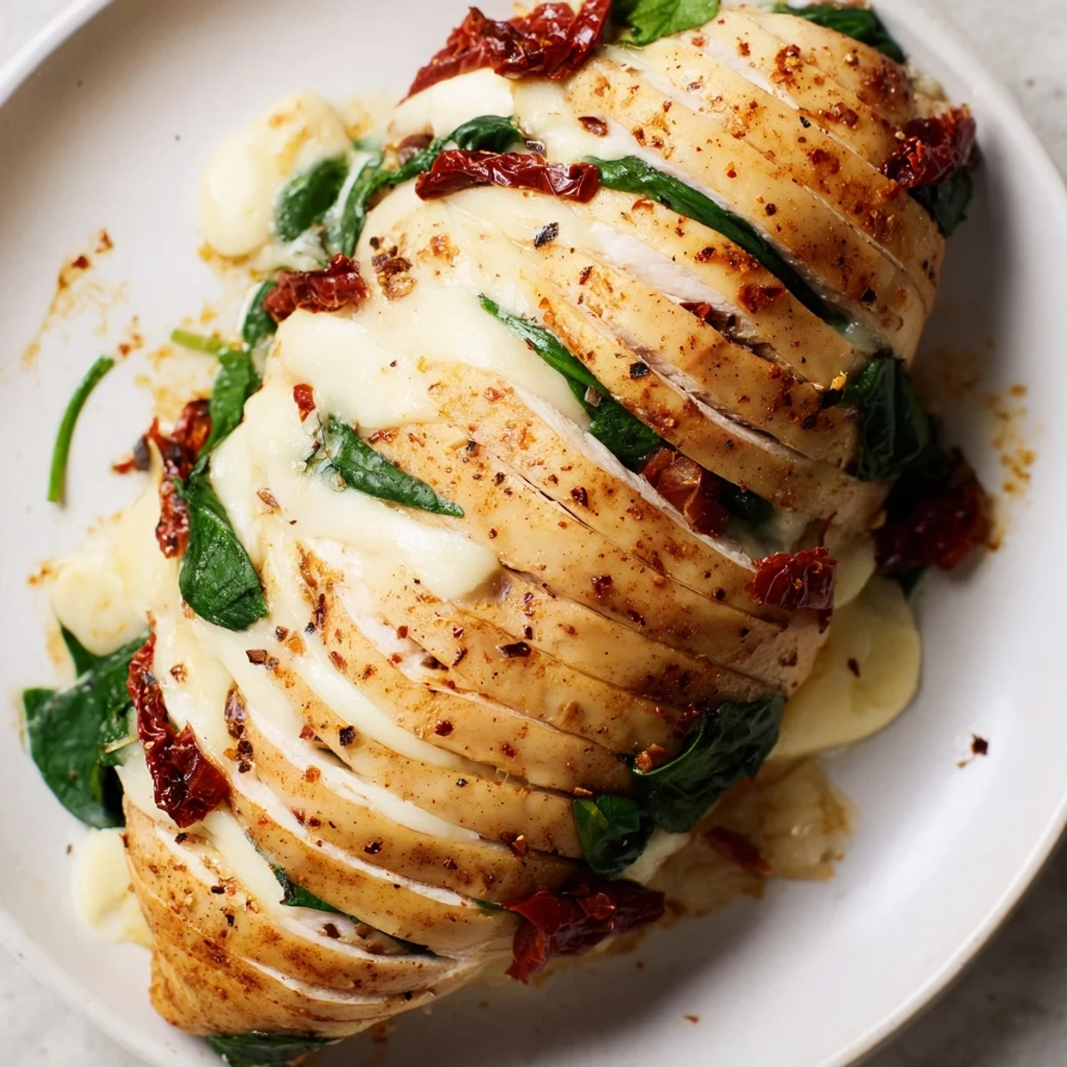 Sliced Hasselback chicken with savory cheese and tomato filling baked to golden perfection with herb seasoning on top