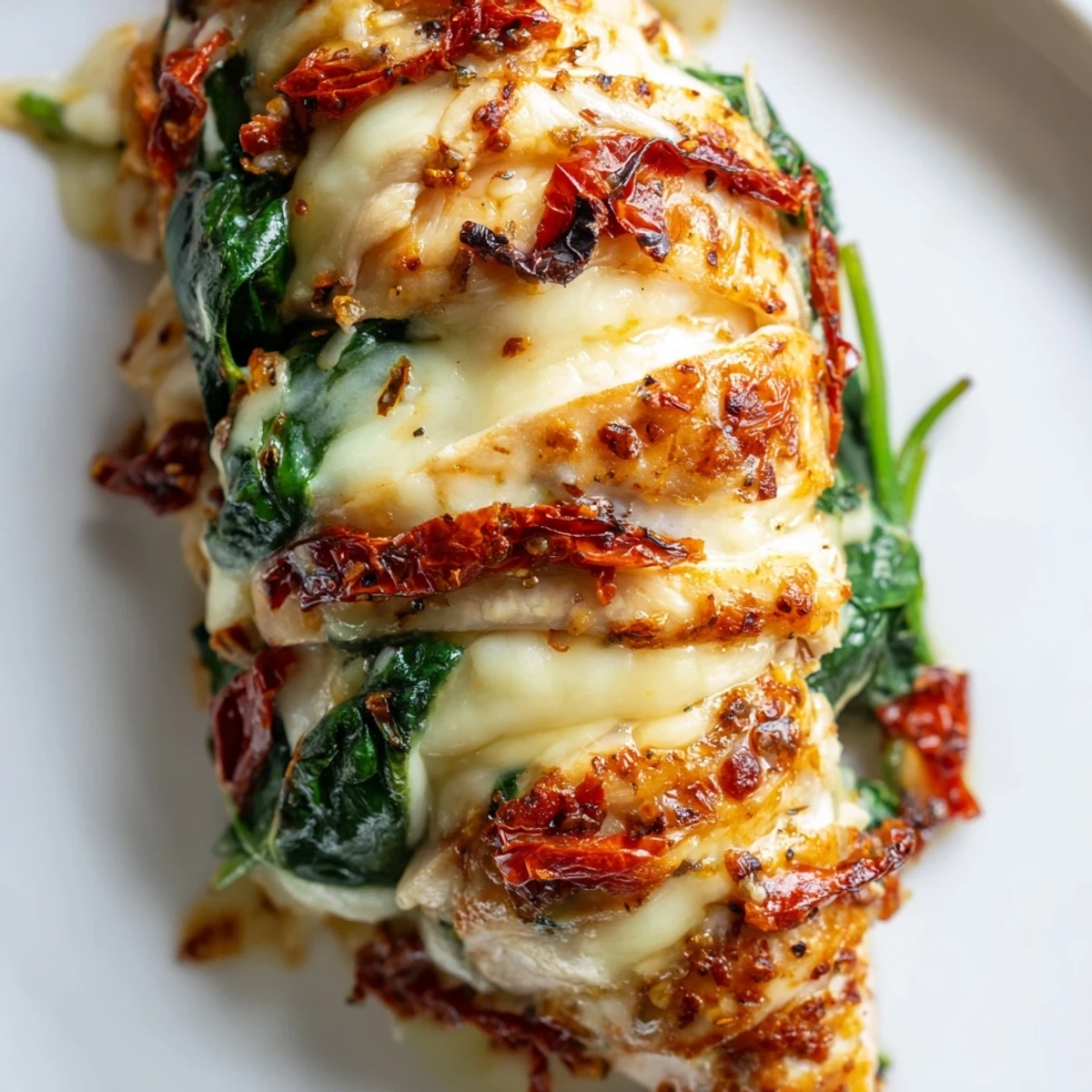 Close-up of tender Hasselback chicken featuring gooey melted cheese and vibrant sundried tomatoes peeking through accordion-style cuts