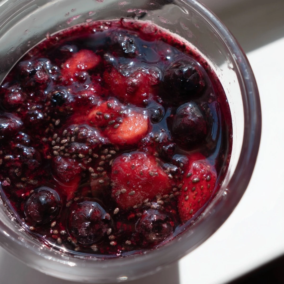 Vibrant easy berry chia seed jam spooned onto rustic toast with fresh whole berries scattered alongside