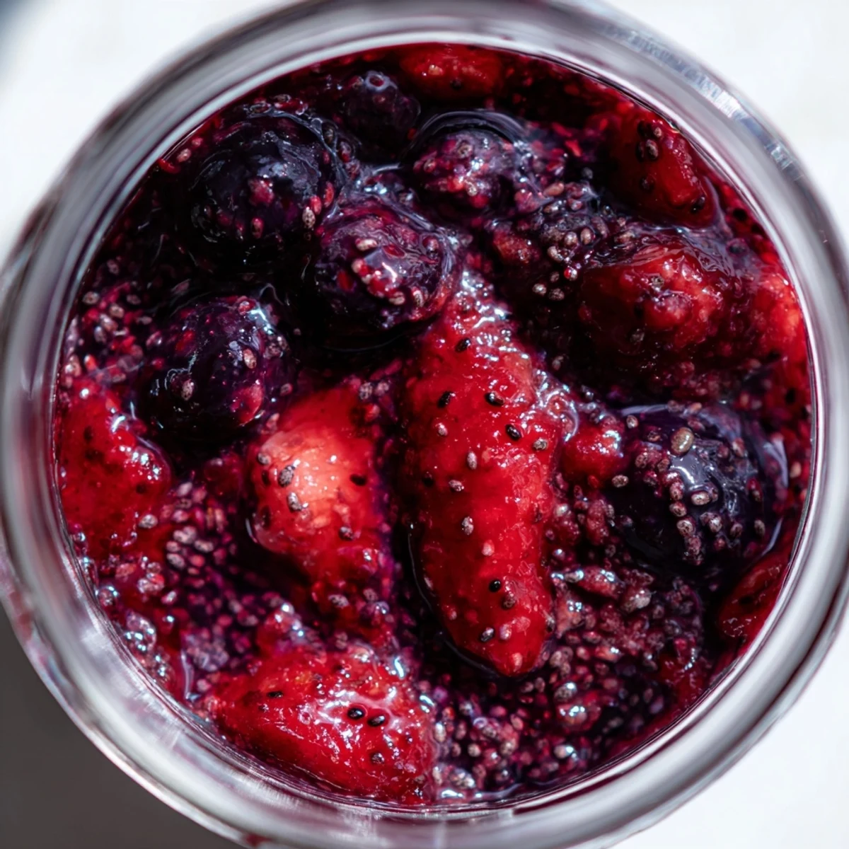 Thick and glossy easy berry chia seed jam swirled into creamy Greek yogurt with berry garnish