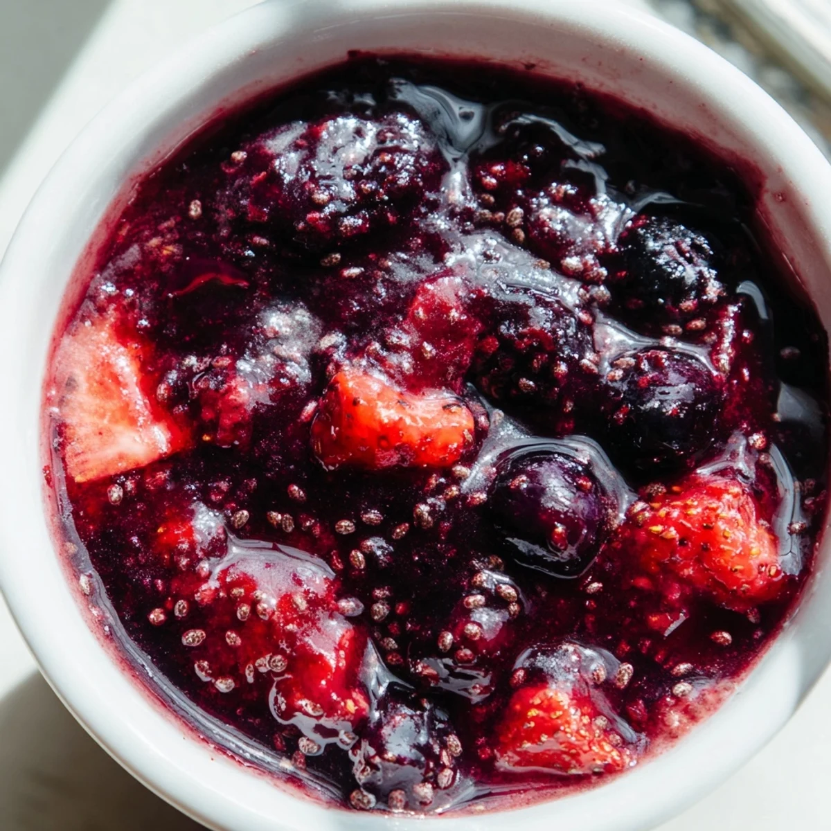 Glass jar filled with naturally sweetened easy berry chia seed jam topped with plump mixed berries