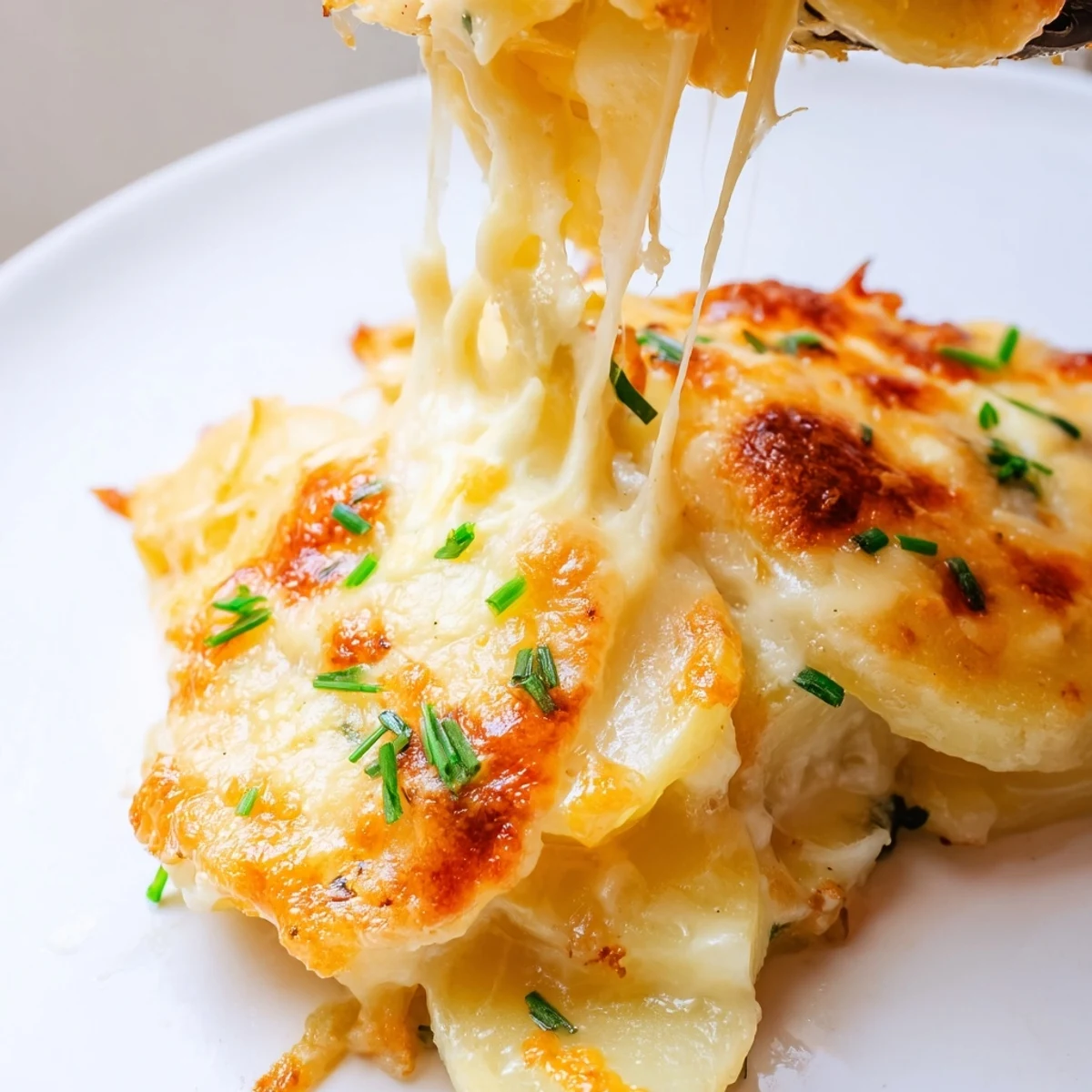 Golden brown potatoes au gratin with bubbling Gruyère cheese and creamy layers