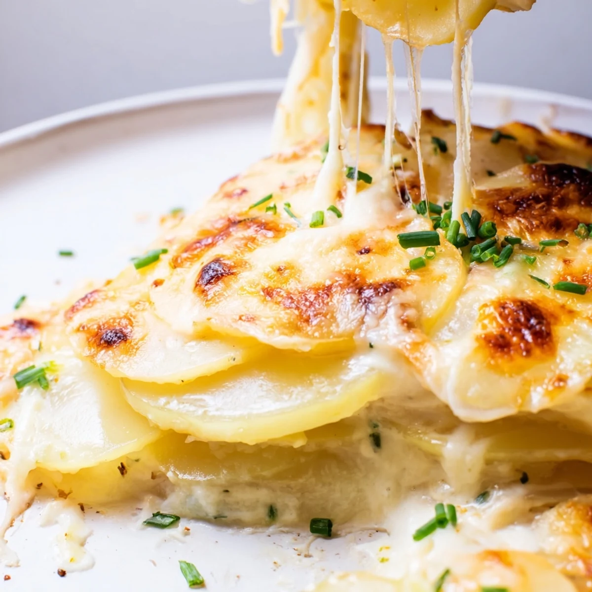 Classic French potatoes au gratin showcasing golden cheese crust and velvety interior