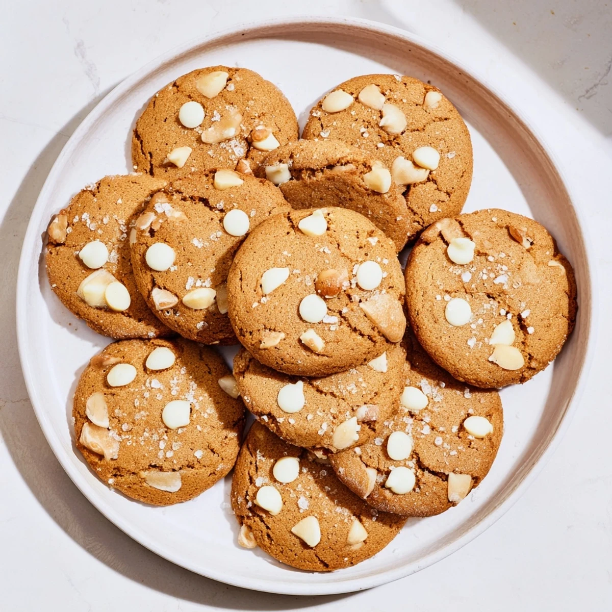 Golden brown bakery gingerbread white chocolate cookies rolled in sparkling sugar on a cooling rack