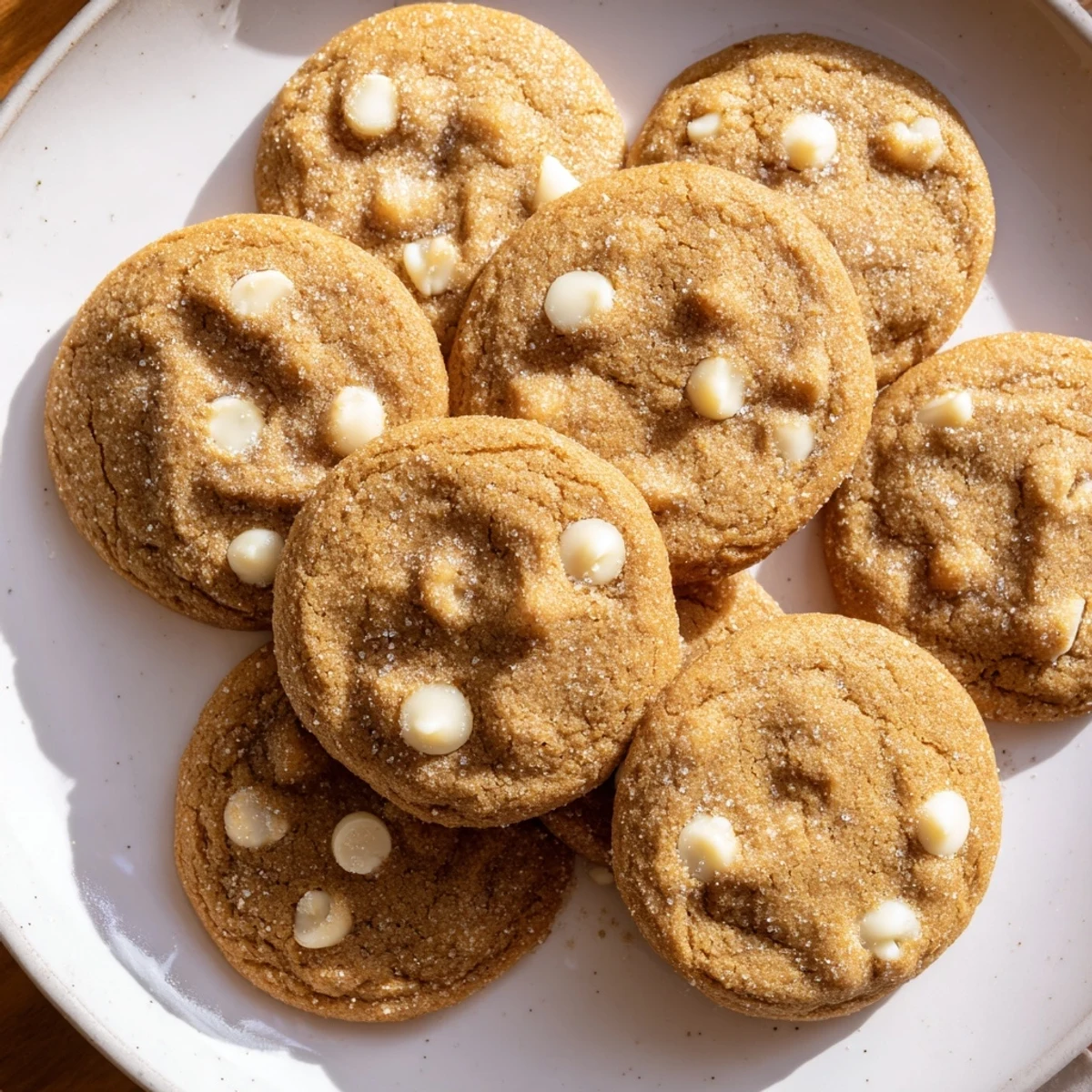 Warm bakery gingerbread white chocolate cookies with cracked tops and creamy white chocolate chunks visible