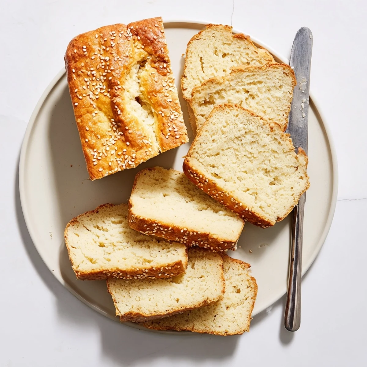 1. Golden-baked zeroGolden zero carb yogurt bread loaf with fluffy interior and seeded top