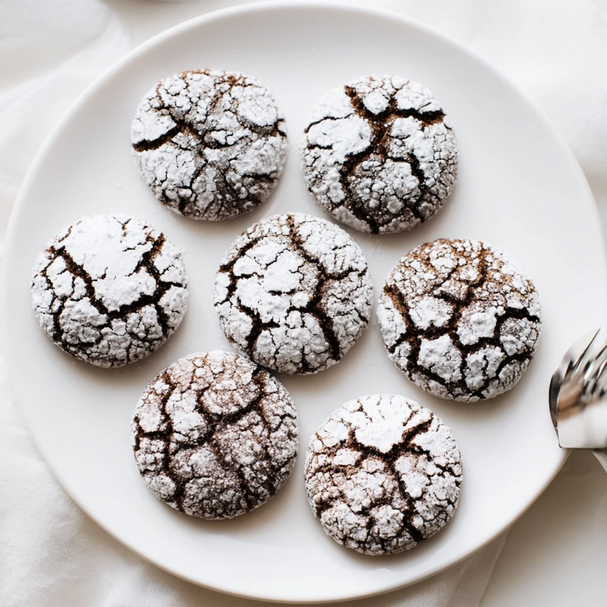 Soft gingerbread crinkle cookies with crackled powdered sugar coating on a festive white plate