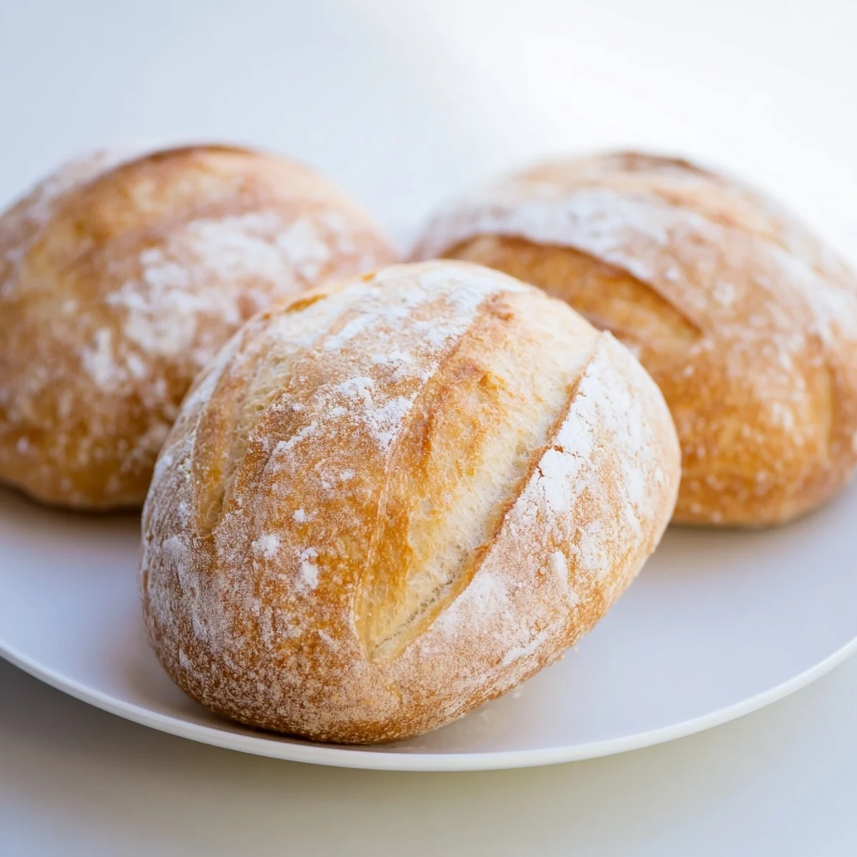 Golden brown crusty French bread rolls with flour-dusted tops and diagonal slashes
