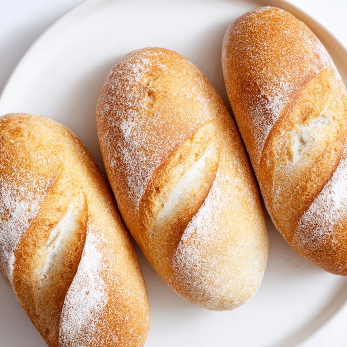 Freshly baked crusty French bread rolls with crispy exterior and soft interior