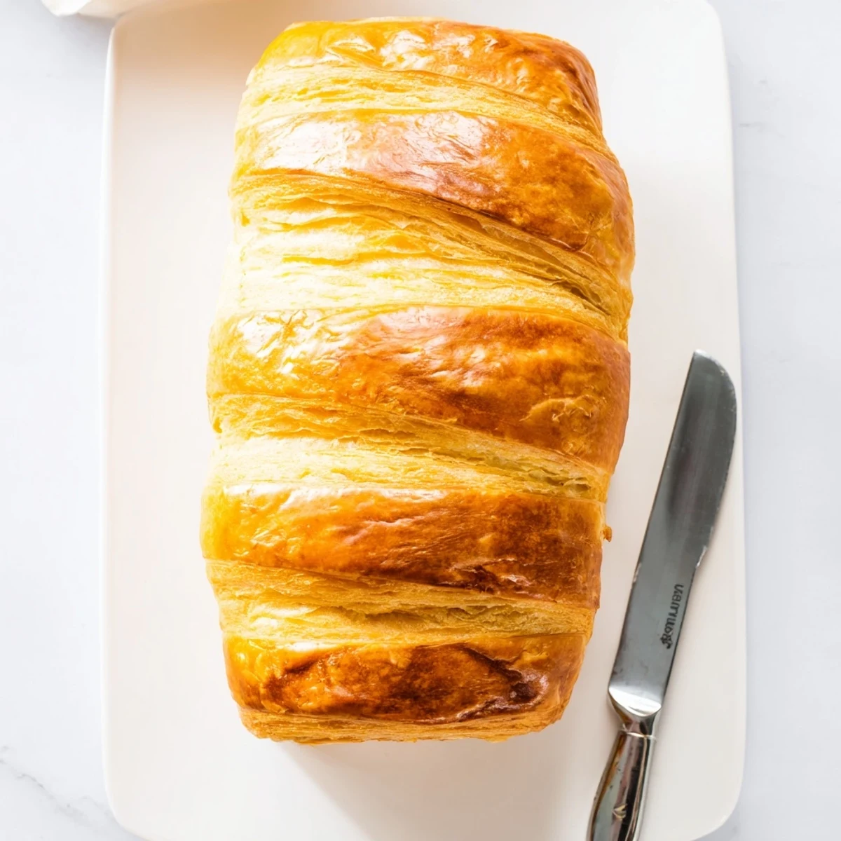 Golden homemade croissant bread loaf with flaky layers and glossy egg wash finish