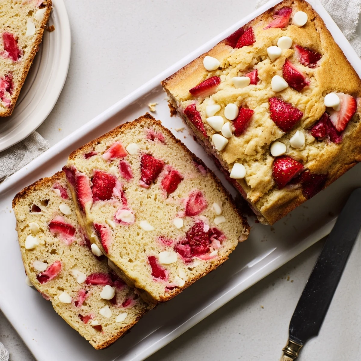 Golden brown sourdough white chocolate chips strawberry bread loaf studded with juicy red berries and creamy white chocolate chunks