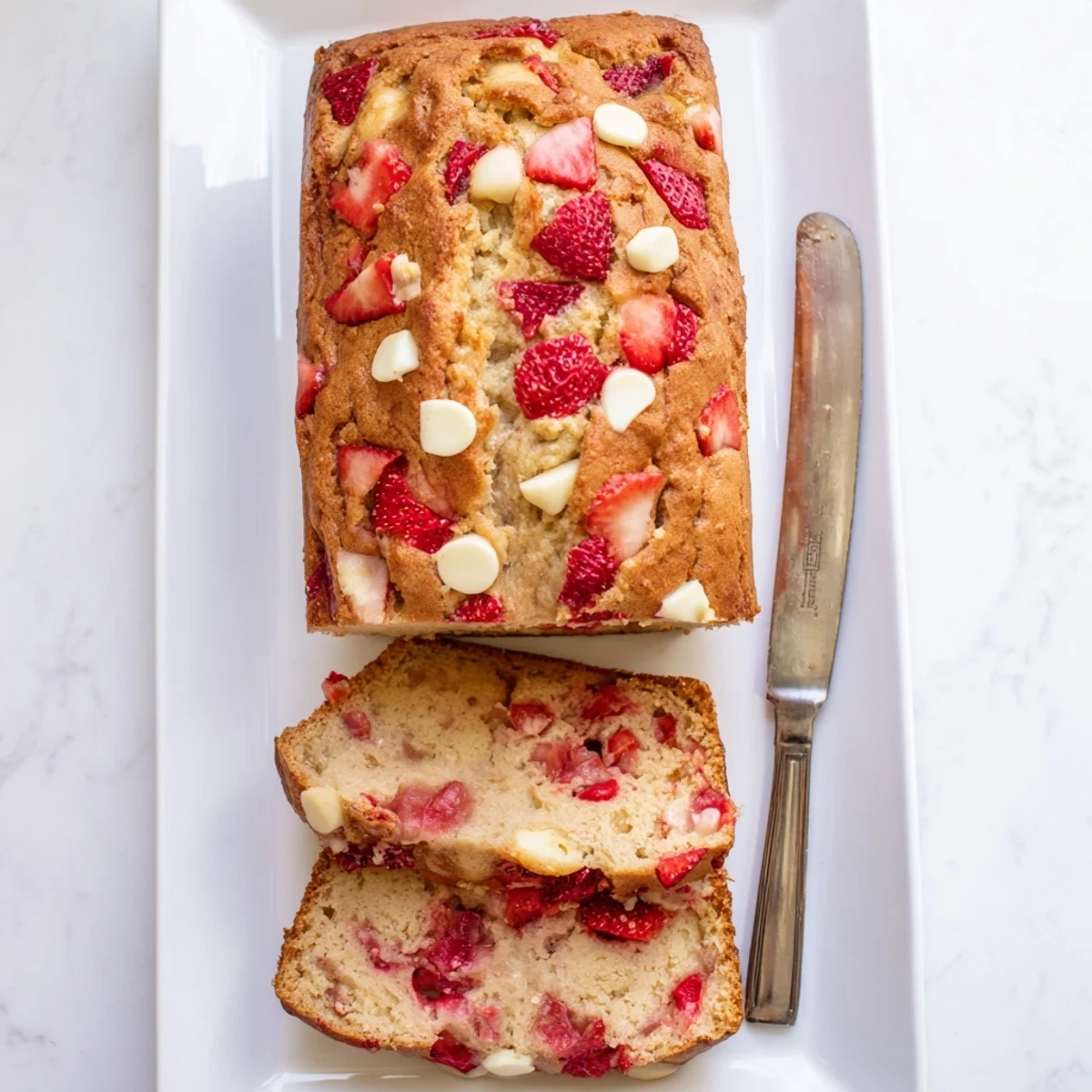 Sliced sourdough white chocolate chips strawberry bread revealing tender crumb dotted with fresh strawberries and melting white chocolate