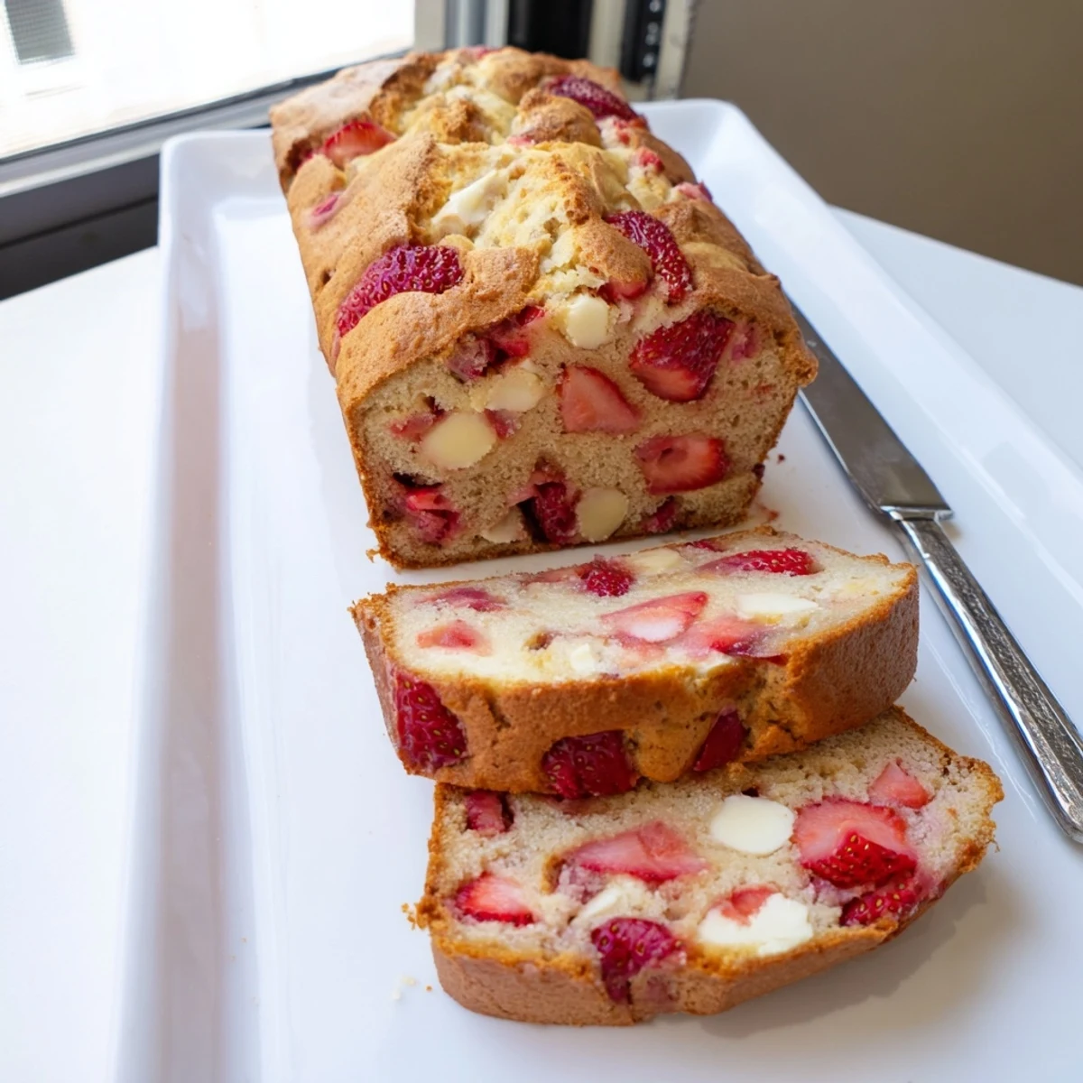 Freshly baked sourdough white chocolate chips strawberry bread cooling on wire rack with golden crust and visible strawberry pieces