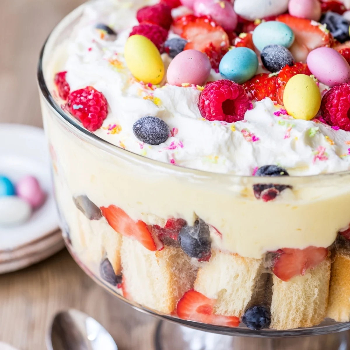 Glass bowl displaying layered Easter trifle dessert with sponge cake, vanilla custard, fresh berries, and fluffy whipped cream topping garnished with chocolate eggs