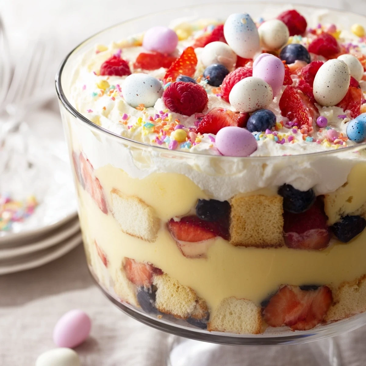 Festive Easter trifle dessert in clear trifle dish showing alternating layers of golden sponge cake, creamy custard, juicy red berries, and white whipped cream