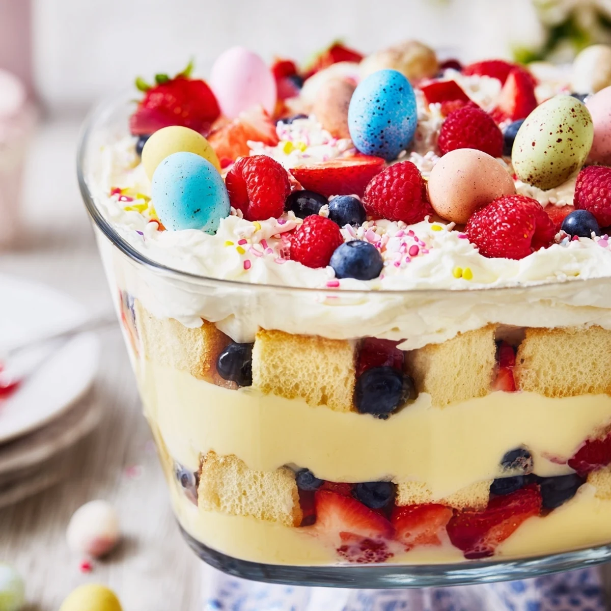 Beautiful Easter trifle dessert with visible tiers of cake, custard, macerated strawberries and raspberries, sweetened cream, topped with pastel chocolate eggs and mint