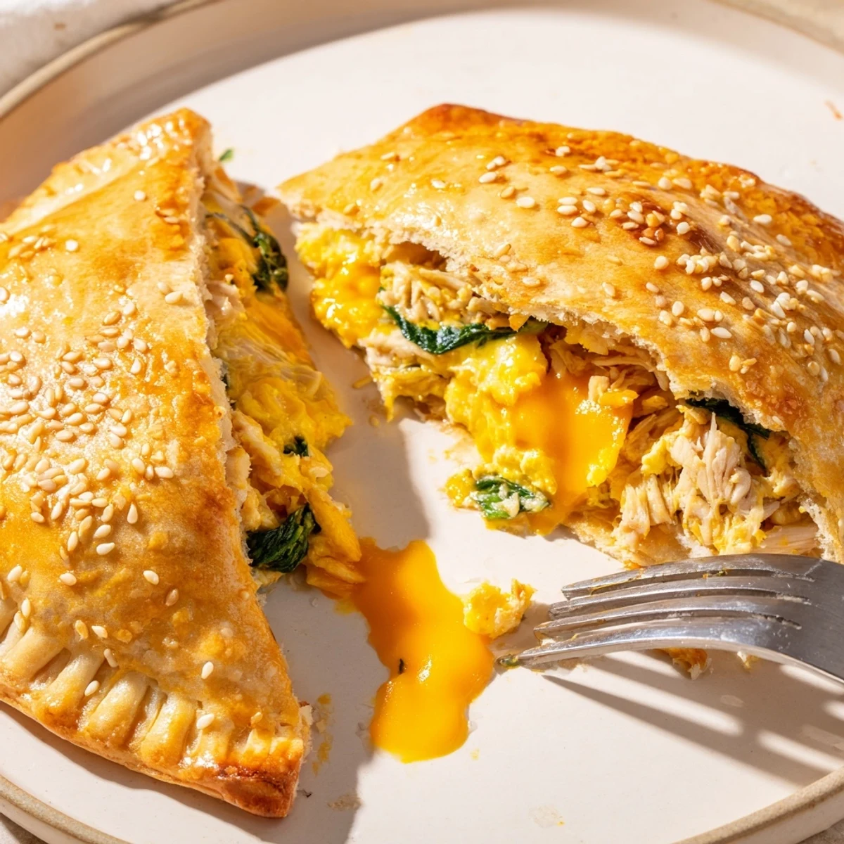 Golden brown high protein breakfast hot pockets with sesame seed topping on white plate