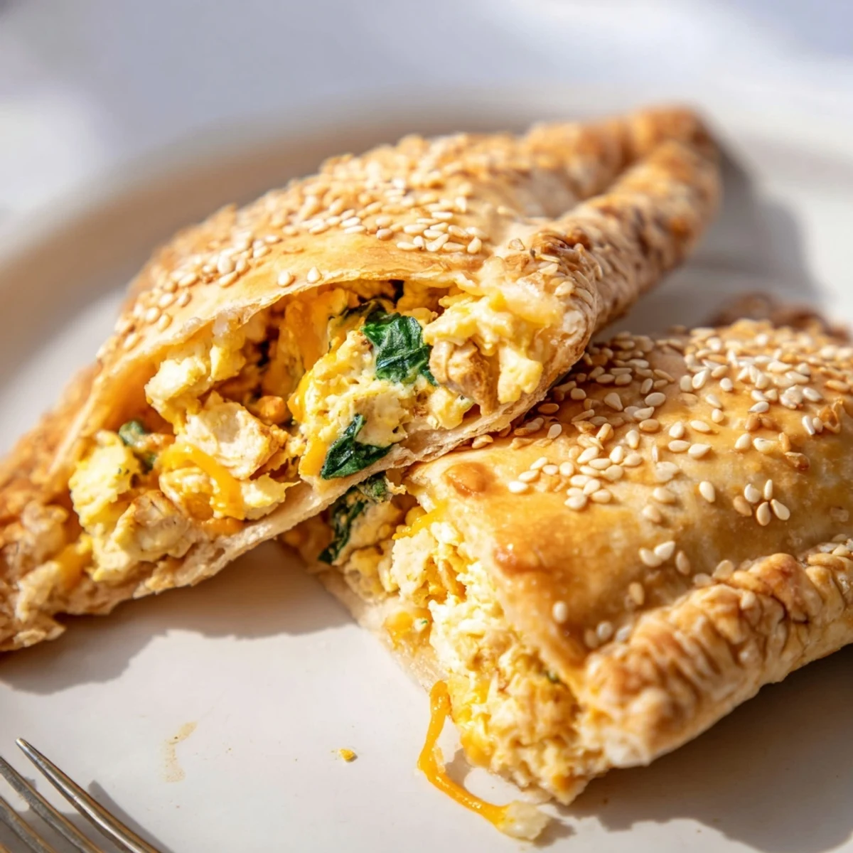 Handheld breakfast hot pockets sliced open revealing savory egg, spinach, and turkey protein filling