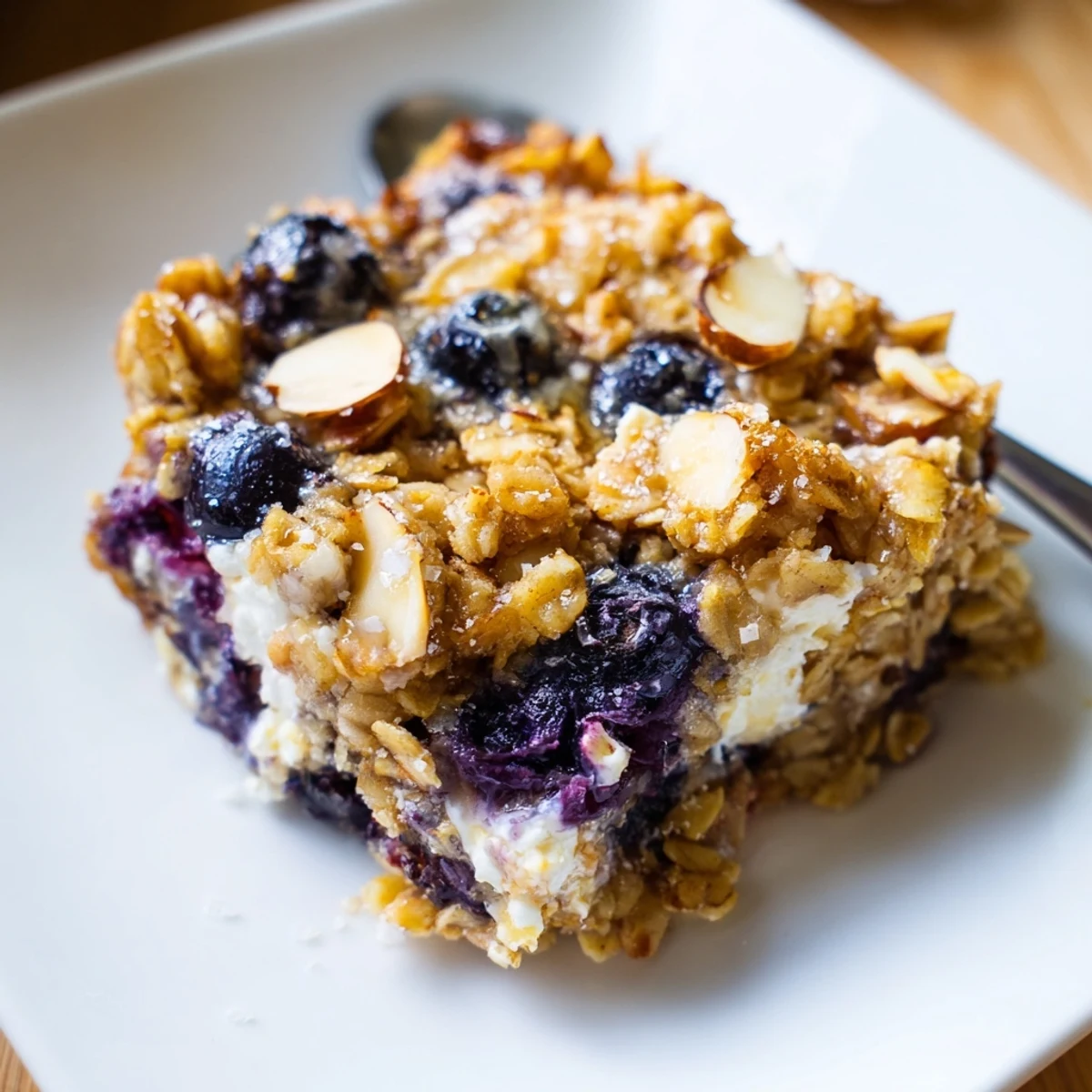 Golden blueberry cottage cheese breakfast bake with juicy berries bubbling on top