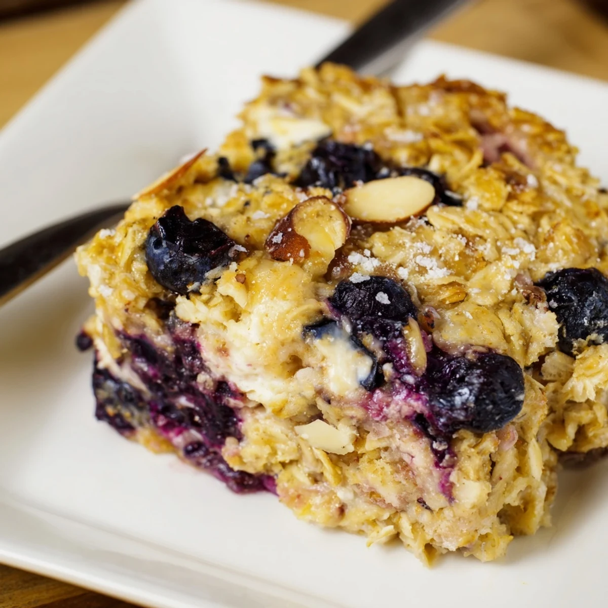 Sliced blueberry cottage cheese breakfast bake served warm with a dusting of sugar