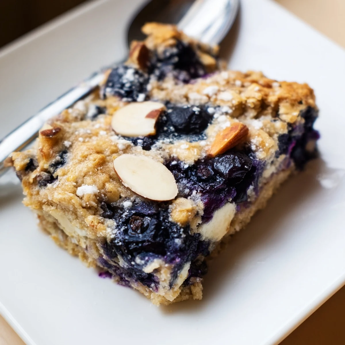 Fresh baked blueberry cottage cheese breakfast bake with golden oats and creamy texture