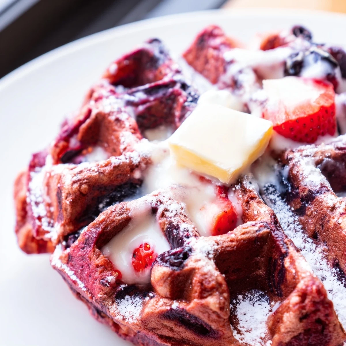 Golden red velvet marble waffles swirled with vanilla and topped with sweet cream cheese glaze