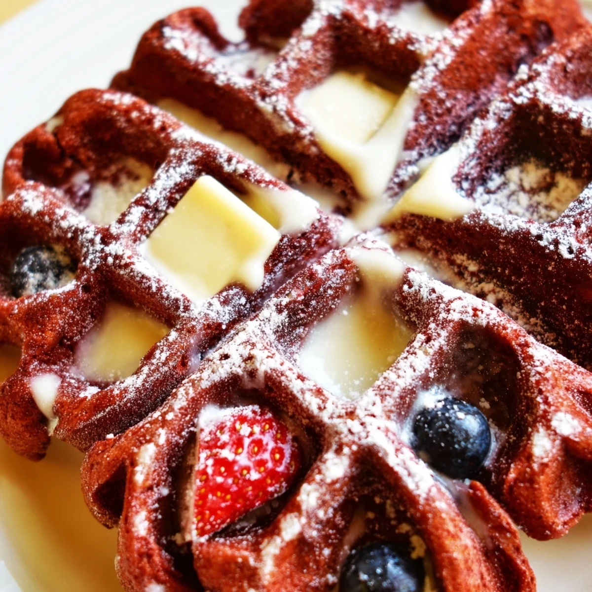 Decadent red velvet marble waffles drizzled with maple syrup and fresh berries for brunch