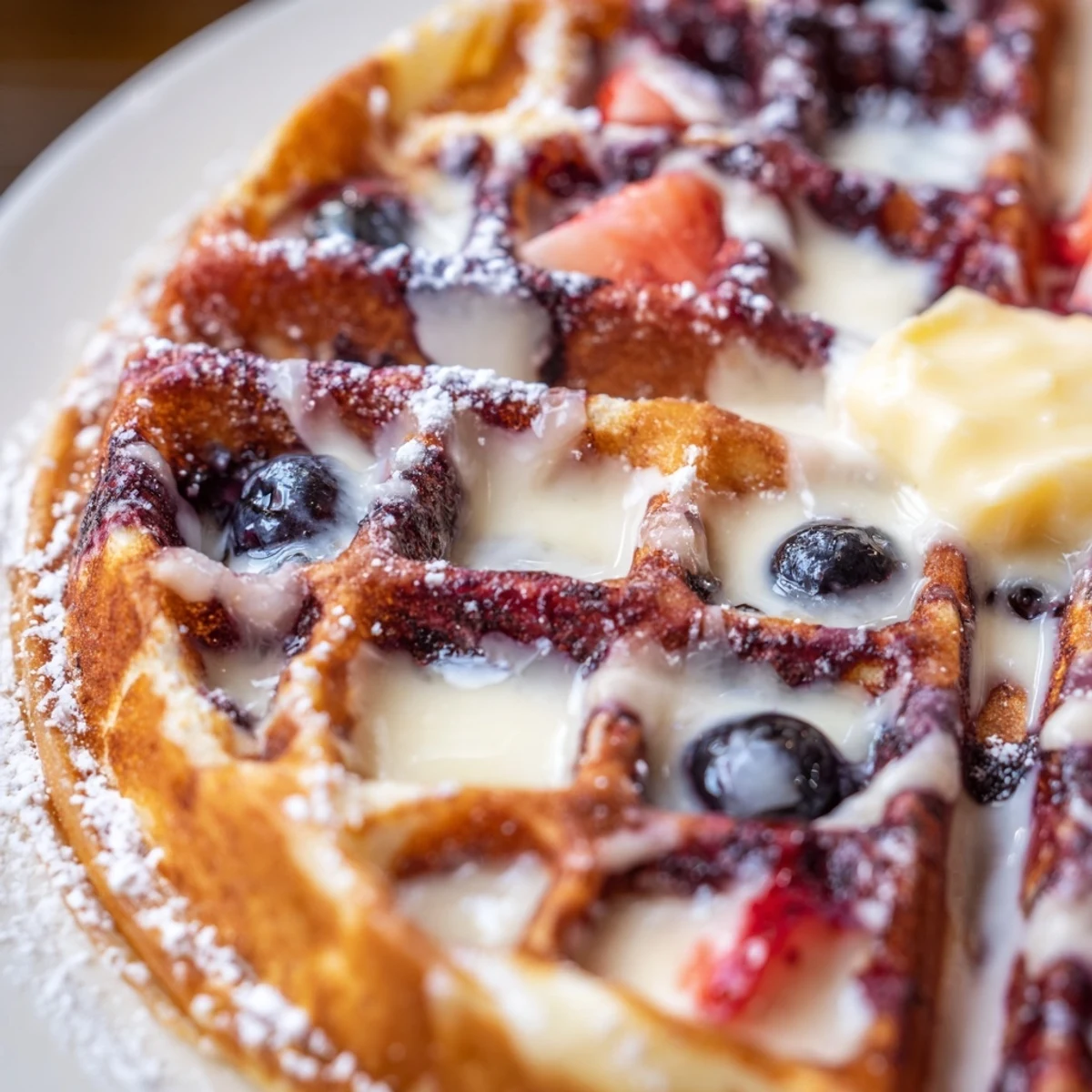 Crisp homemade red velvet marble waffles showcasing beautiful red and white spiral patterns on a plate
