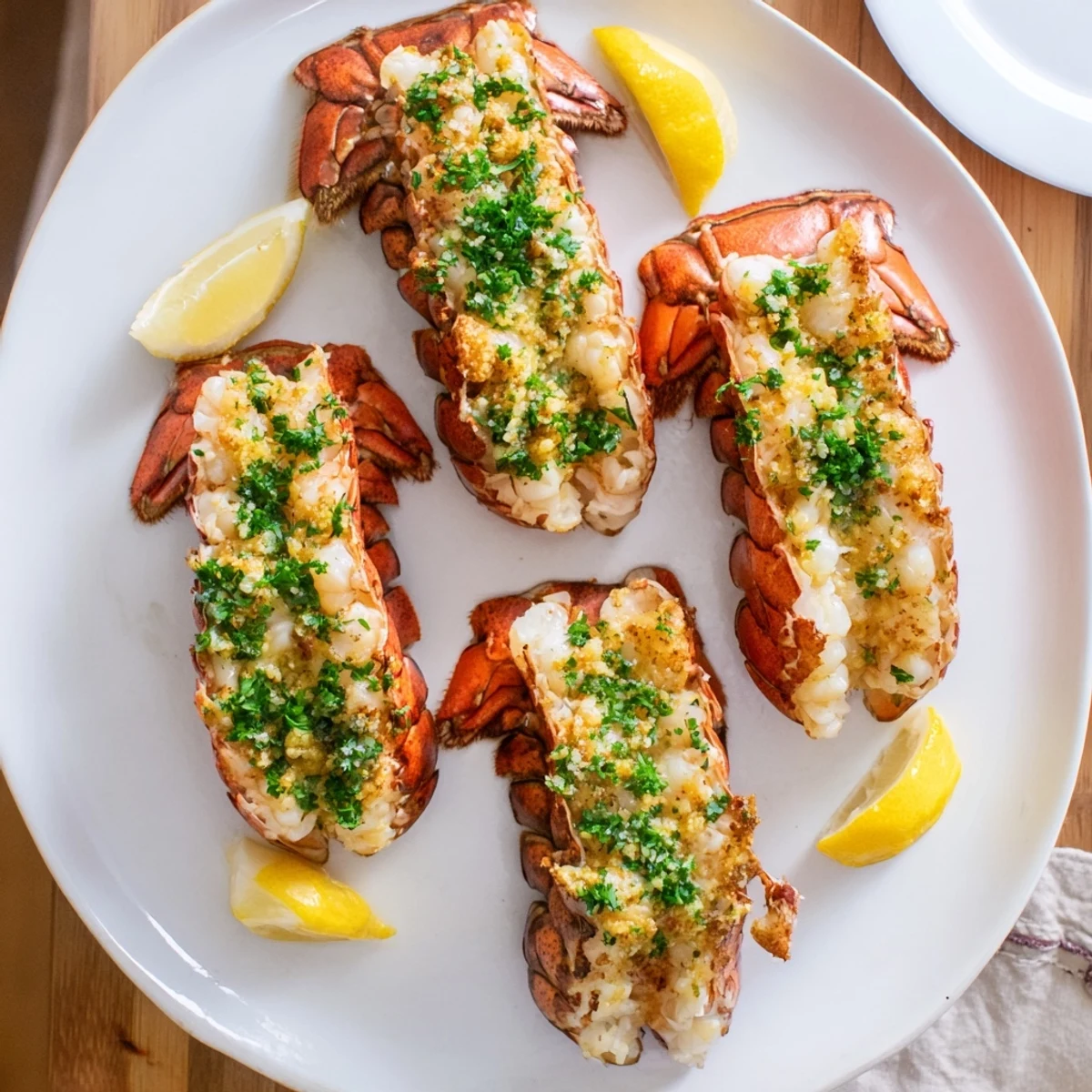 Golden baked lobster tails basted in rich garlic butter sauce with fresh parsley garnish