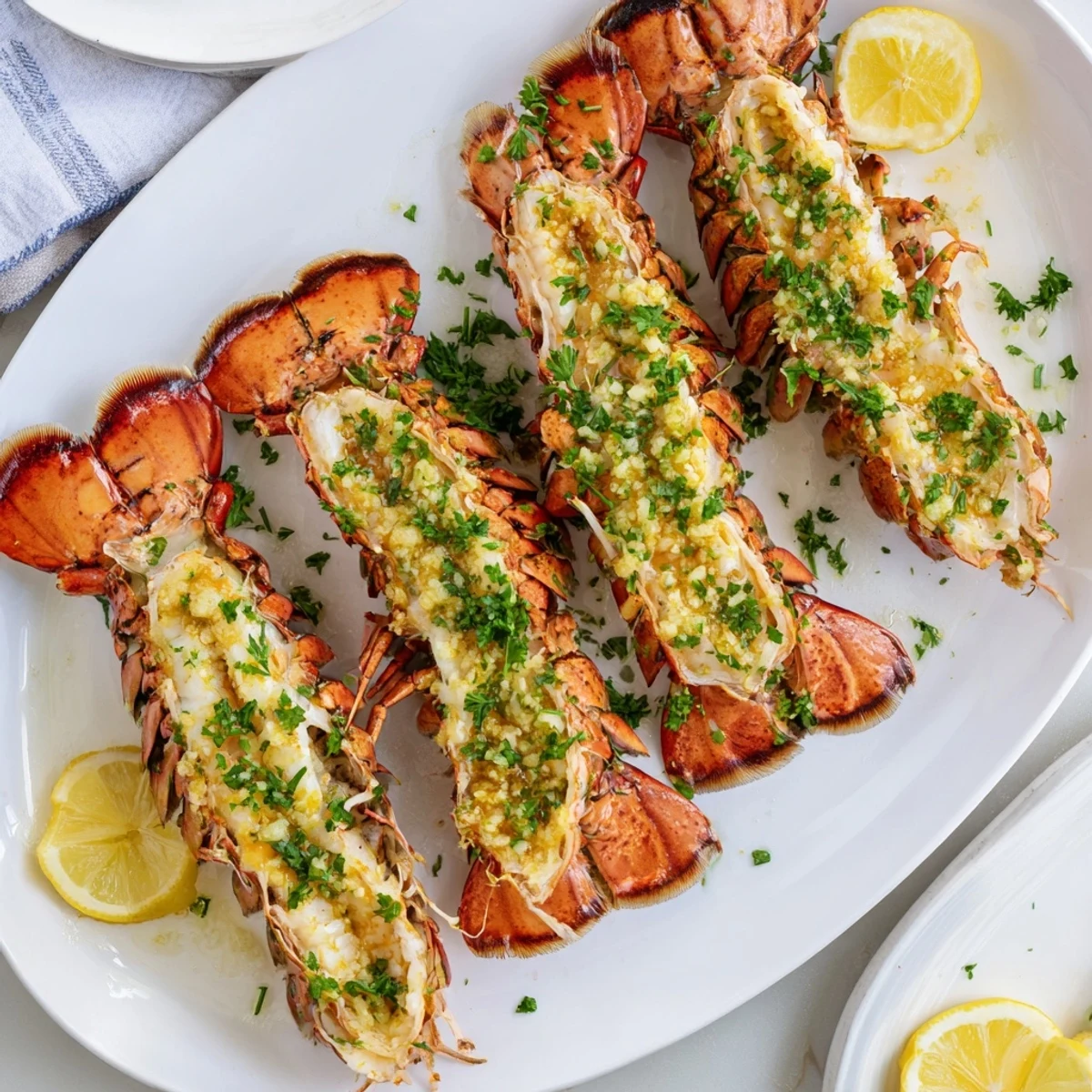 Tender lobster meat brushed with melted garlic butter and served with lemon wedges