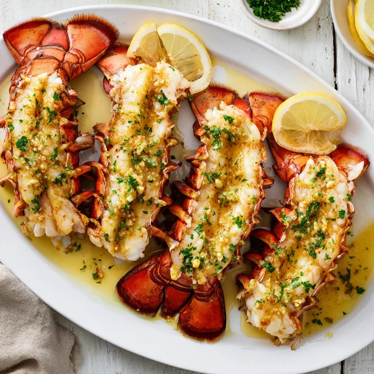 Butter-poached lobster tails roasted until opaque and topped with zesty garlic parsley sauce