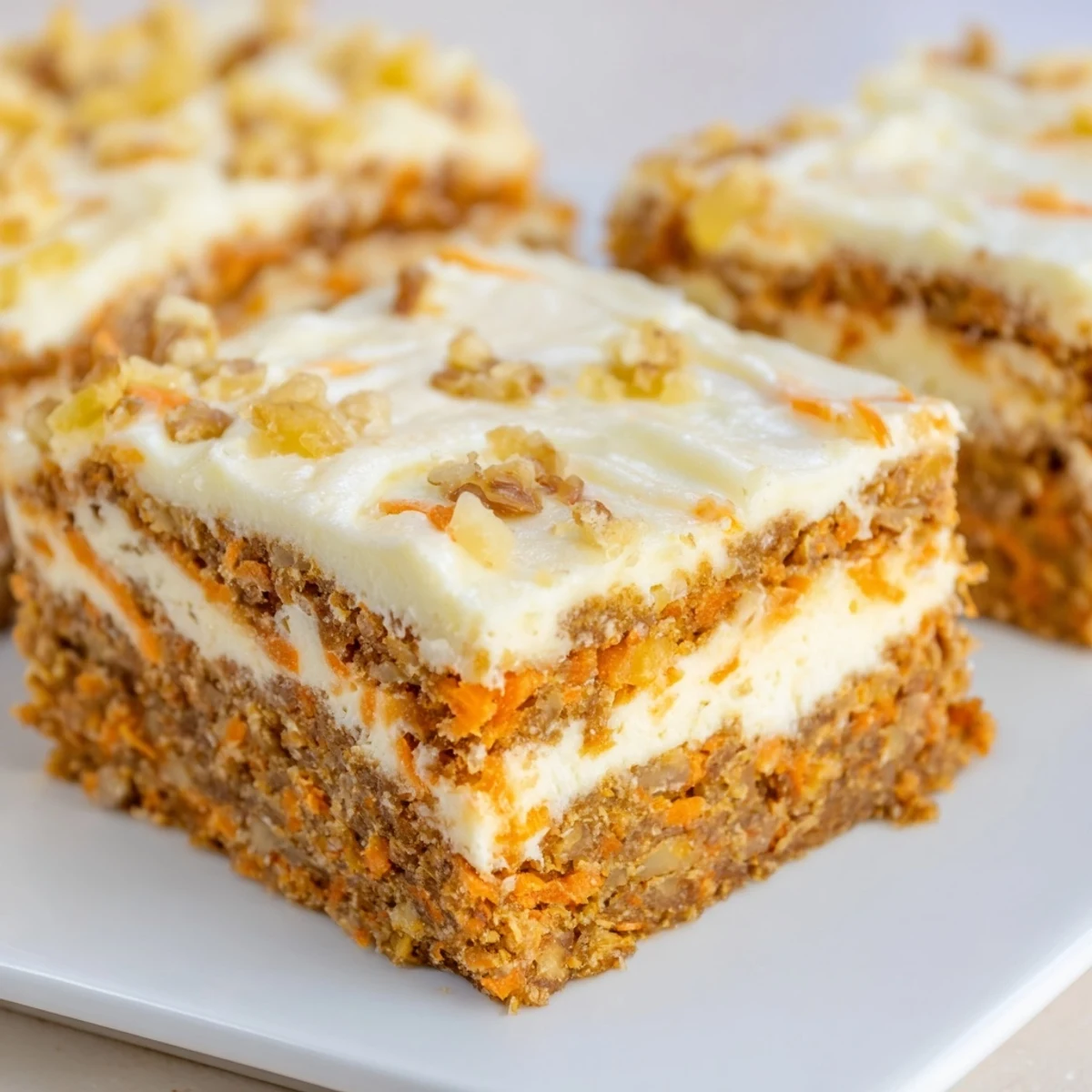 Golden carrot cake cream cheese bars with swirled layers and grated carrot specks