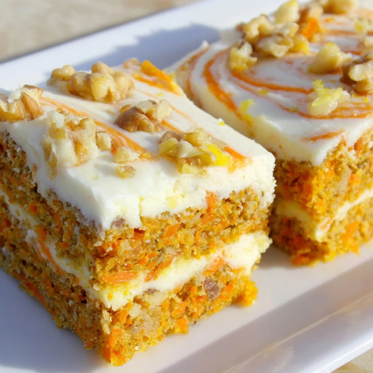 Sliced carrot cake cream cheese bars showing the delicious swirled layers and tender crumb