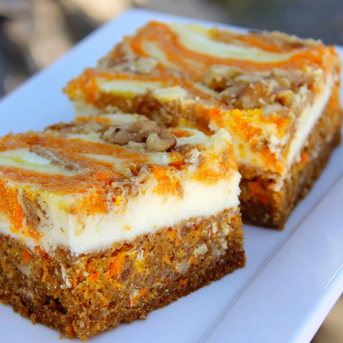 Moist carrot cake cream cheese bars topped with creamy marbled frosting on a white plate