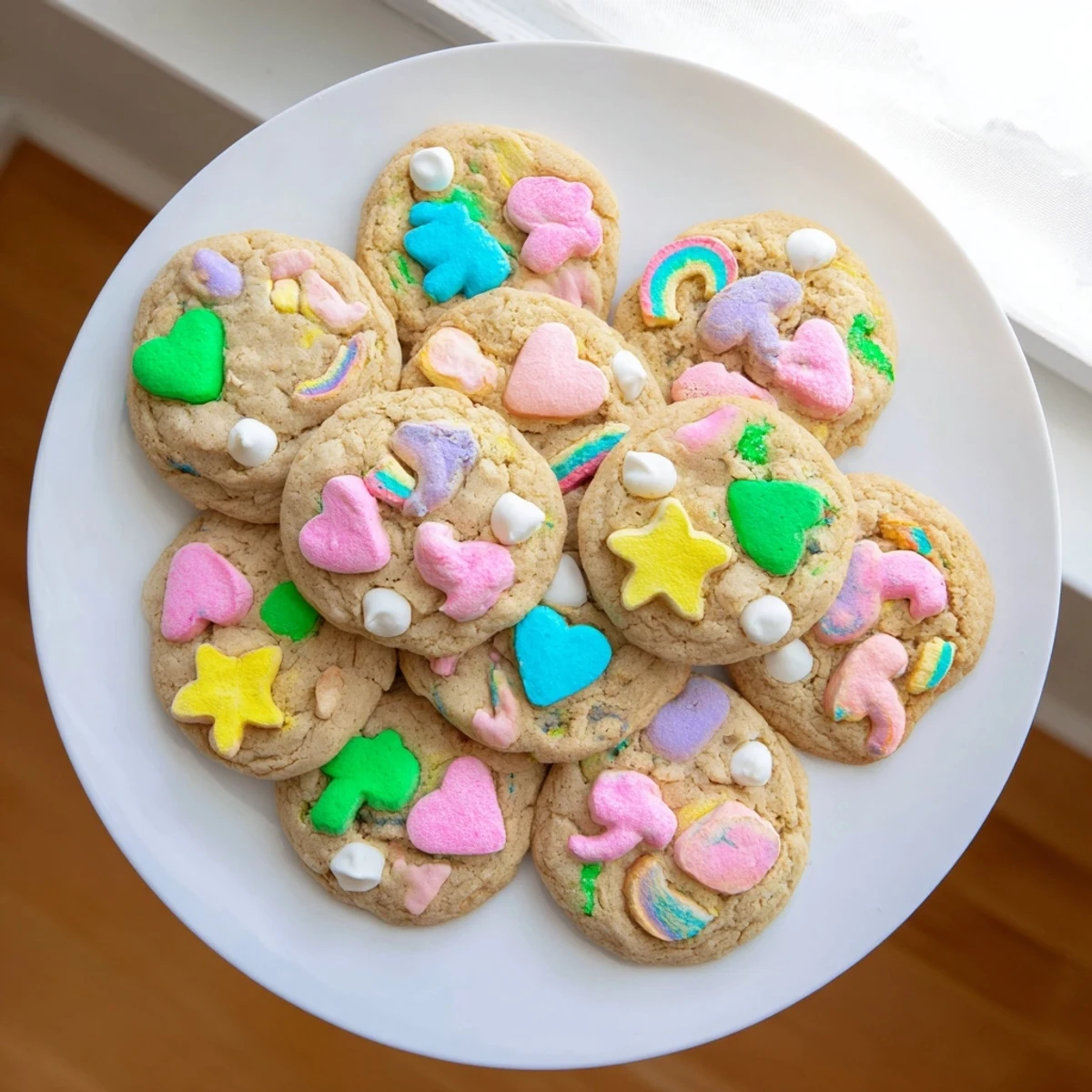 Golden homemade Lucky Charms cookies stacked high with vibrant marshmallow bits peeking through