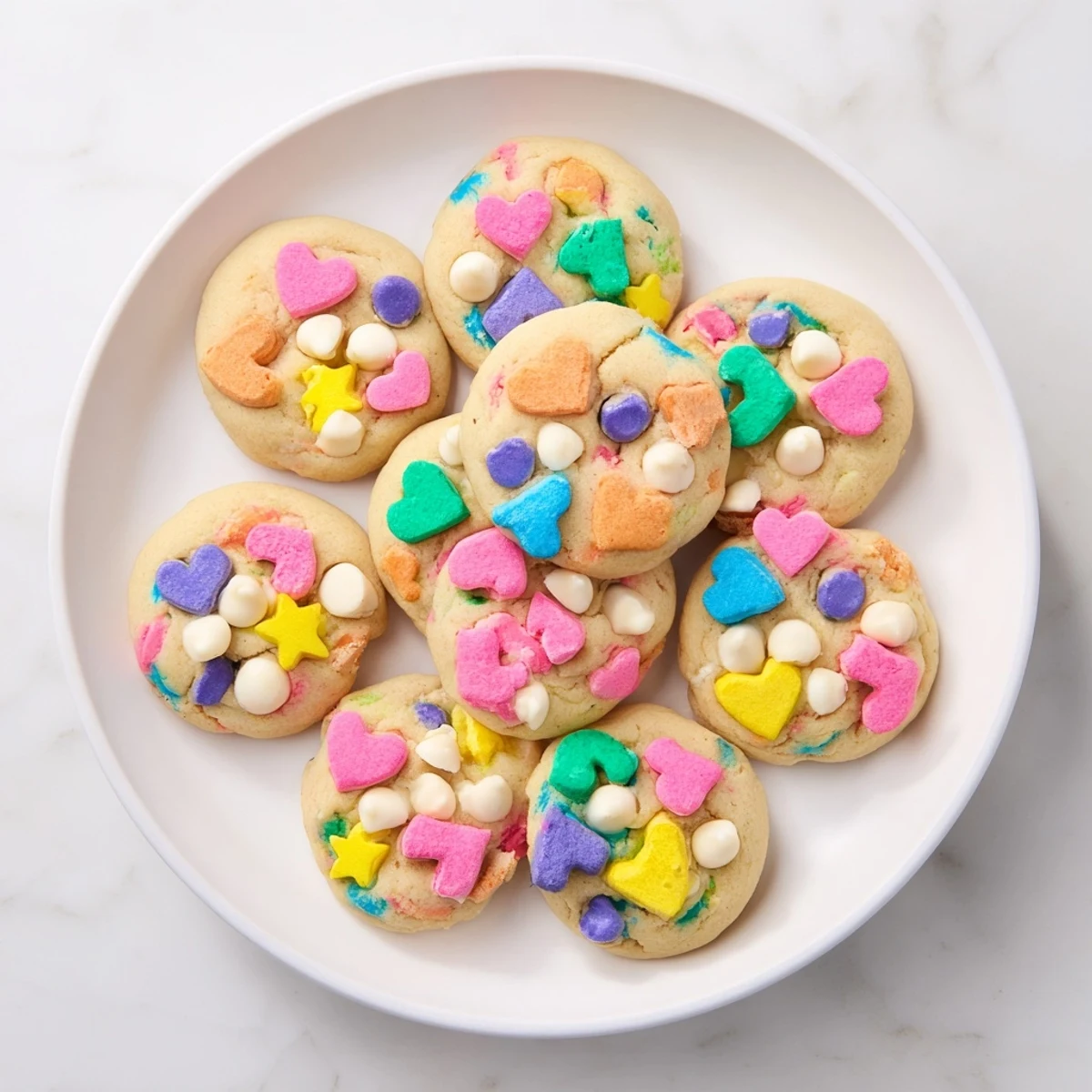 Soft Lucky Charms cookies dotted with colorful marshmallows on a white wire cooling rack
