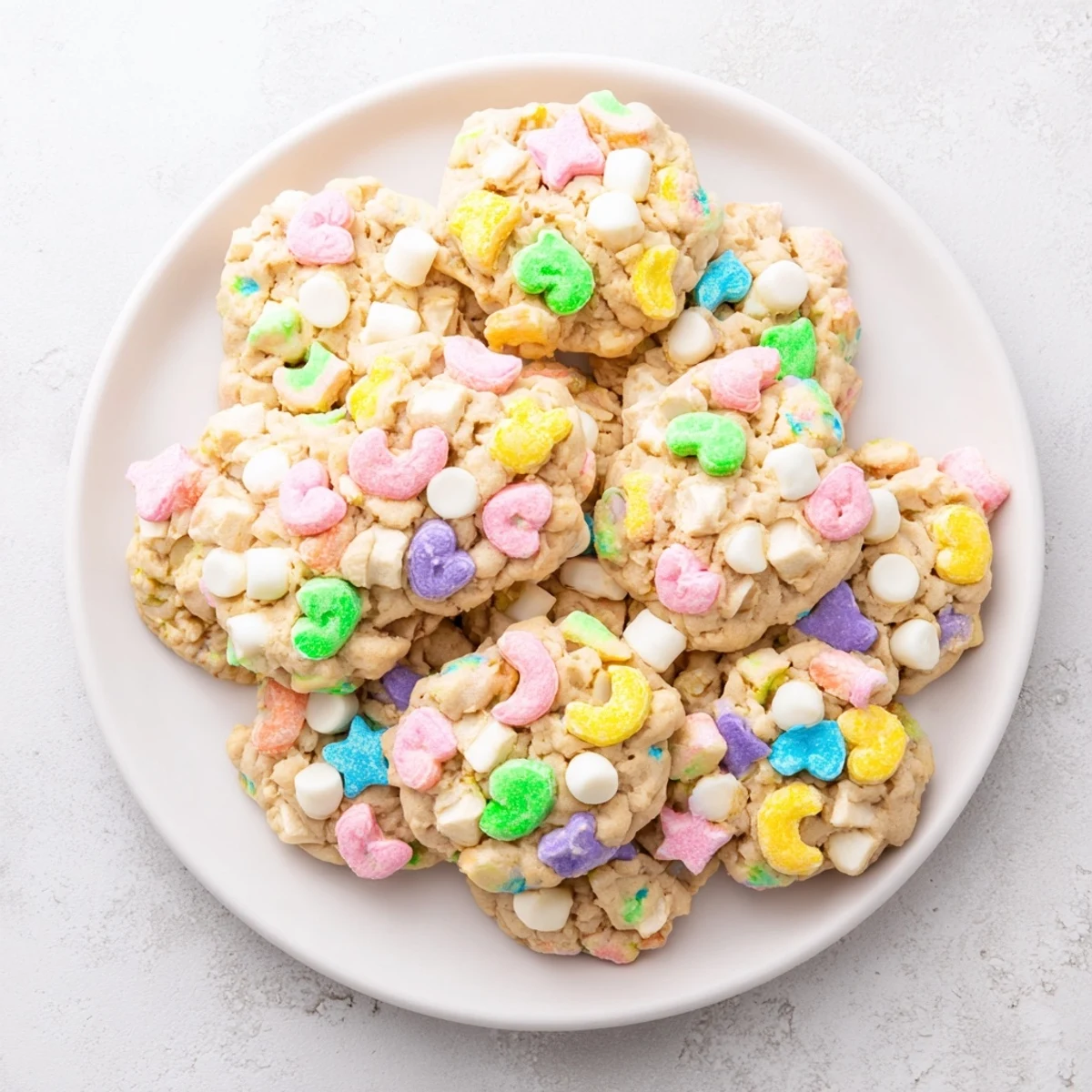 Freshly baked Lucky Charms cookies showing chewy texture and rainbow marshmallow toppings on parchment