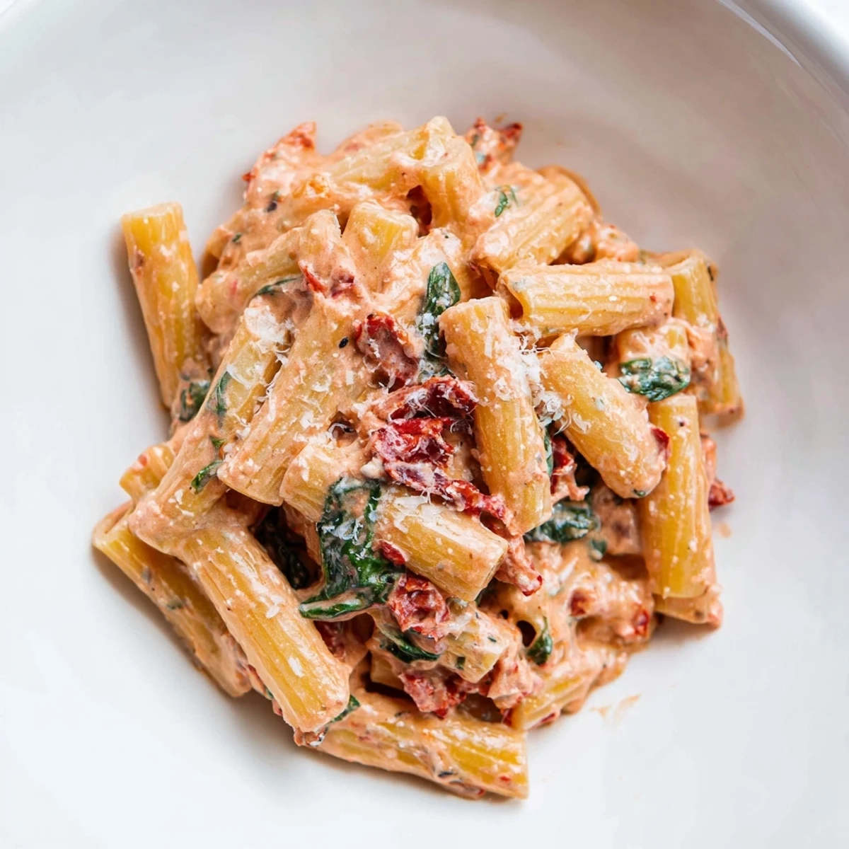 Creamy sun dried tomato spinach pasta in a rustic skillet with vibrant green wilted leaves