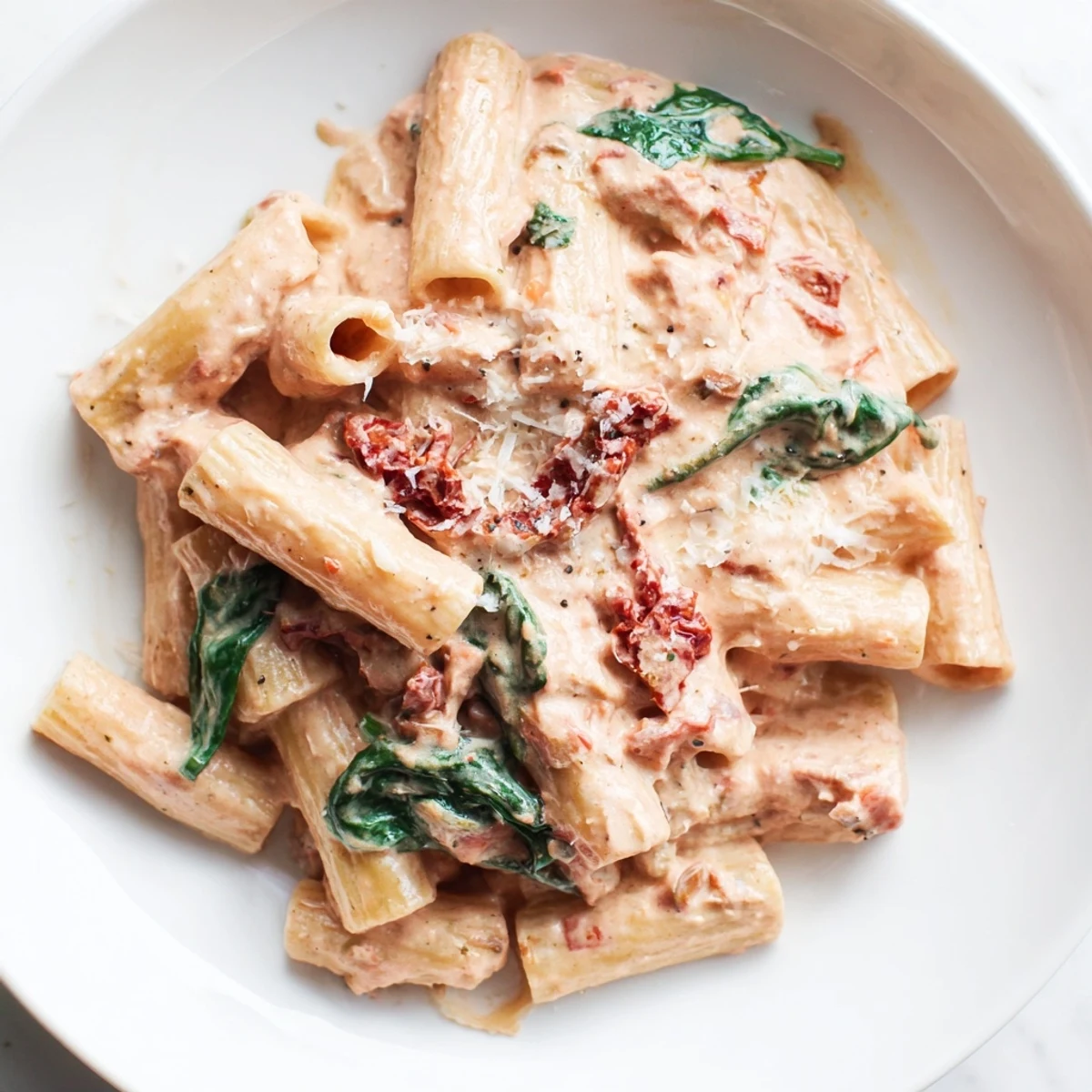 One pan creamy sun dried tomato spinach pasta coated in velvety parmesan sauce