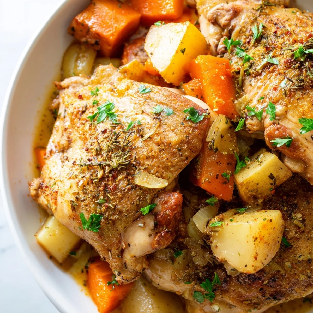 Tender slow cooker chicken dinner with carrots, potatoes, and savory herb sauce in a rustic bowl