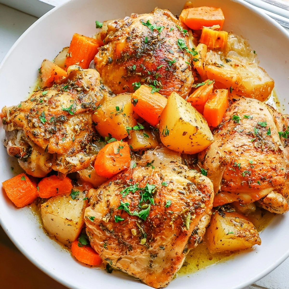 Slow cooker chicken dinner featuring fall-apart meat and root vegetables in rich, golden broth